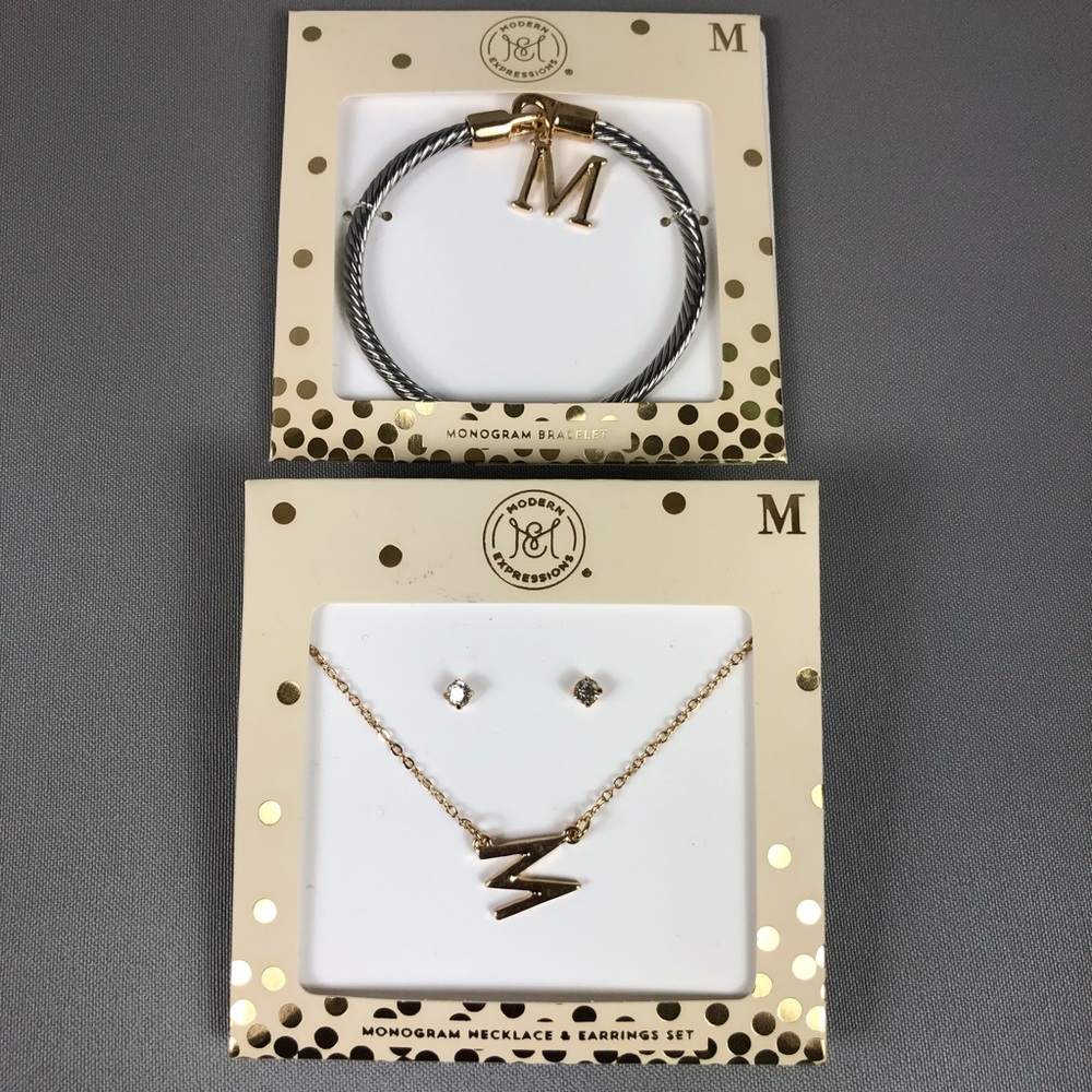 Modern Expression Letter M Silver and Gold Necklace Bracelet Earrings Set